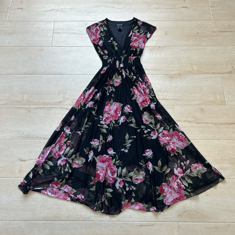 Enfocus Studio Black Maxi Dress with Pink Floral Design